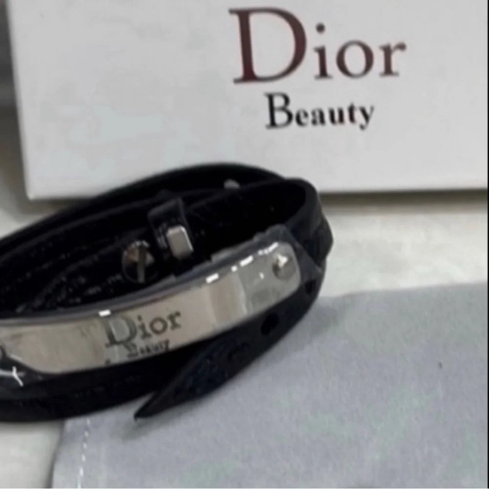 Dior Beauty Black Faux Leather Double Wrap Around Bracelet with Silver
